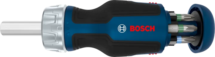 Bosch kısa uçlu cırcırlı tornavida, 6 uçlu şarjör ile birlikte.